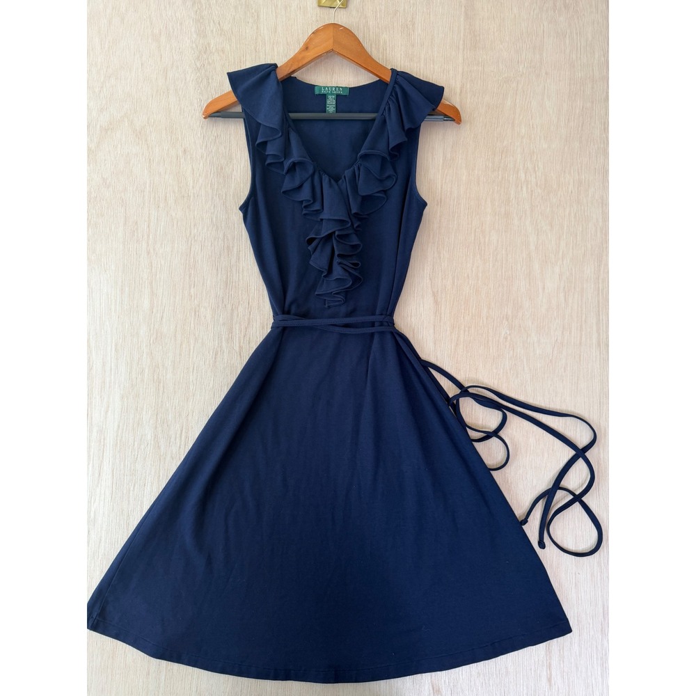Lauren Ralph Lauren Navy Blue Ruffle V-Neck Sleeveless Belted Dress XS